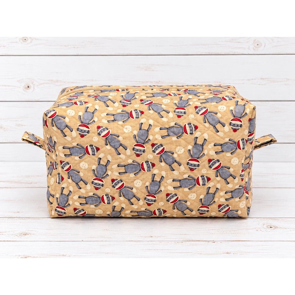 Handmade Monkey Print Zipper Pouch, Boxy Makeup Bag, Travel Cosmetic Bag